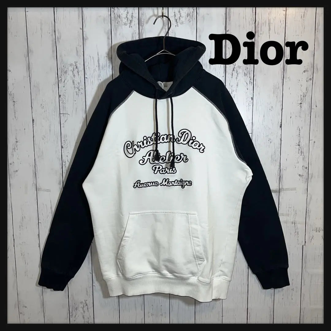 [Raro] Sudadera con capucha con el logotipo bordado de Christian Dior en blanco y azul marino