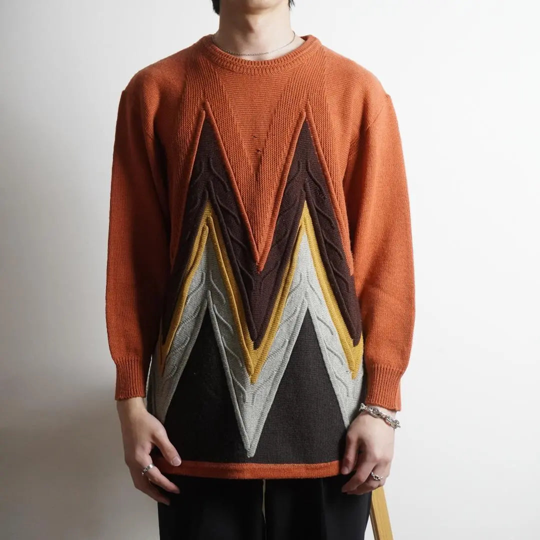 vintage 3D knit sweater, three-dimensional design, orange/CW80