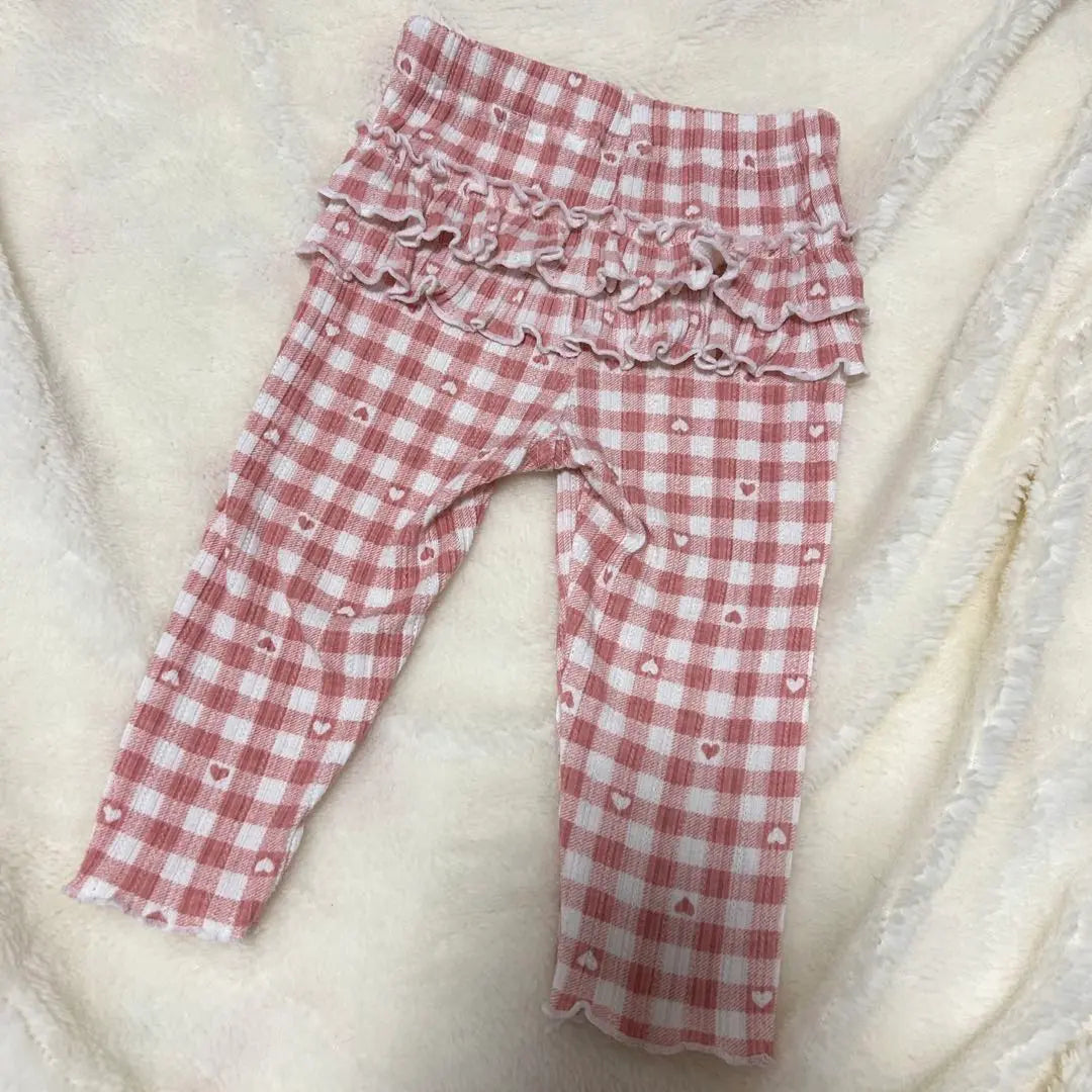 [Talla 80] Pantalón de cuadros vichy con estampado de corazones y volantes en las caderas Rosa | 【80サイズ】おしりフリル付きハート柄ギンガムチェックパンツ ピンク