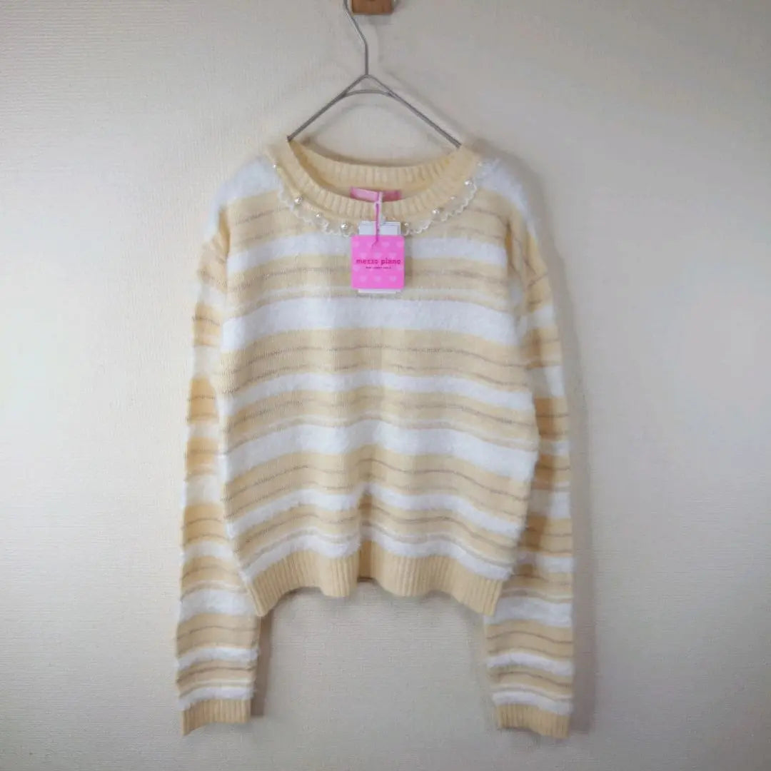 [New] Mezzo piano striped knit sweater L 160cm beige white