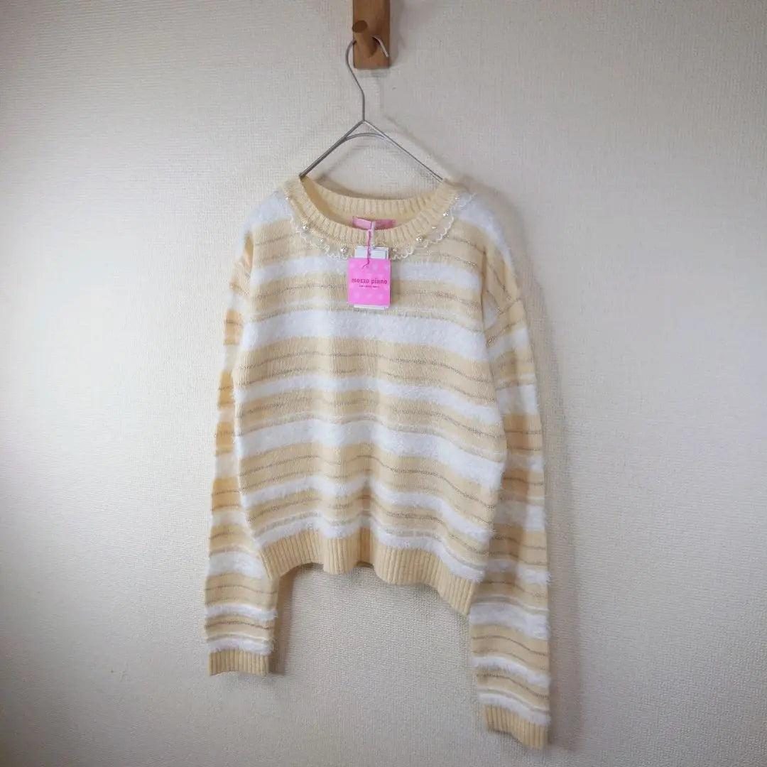 [New] Mezzo piano striped knit sweater L 160cm beige white