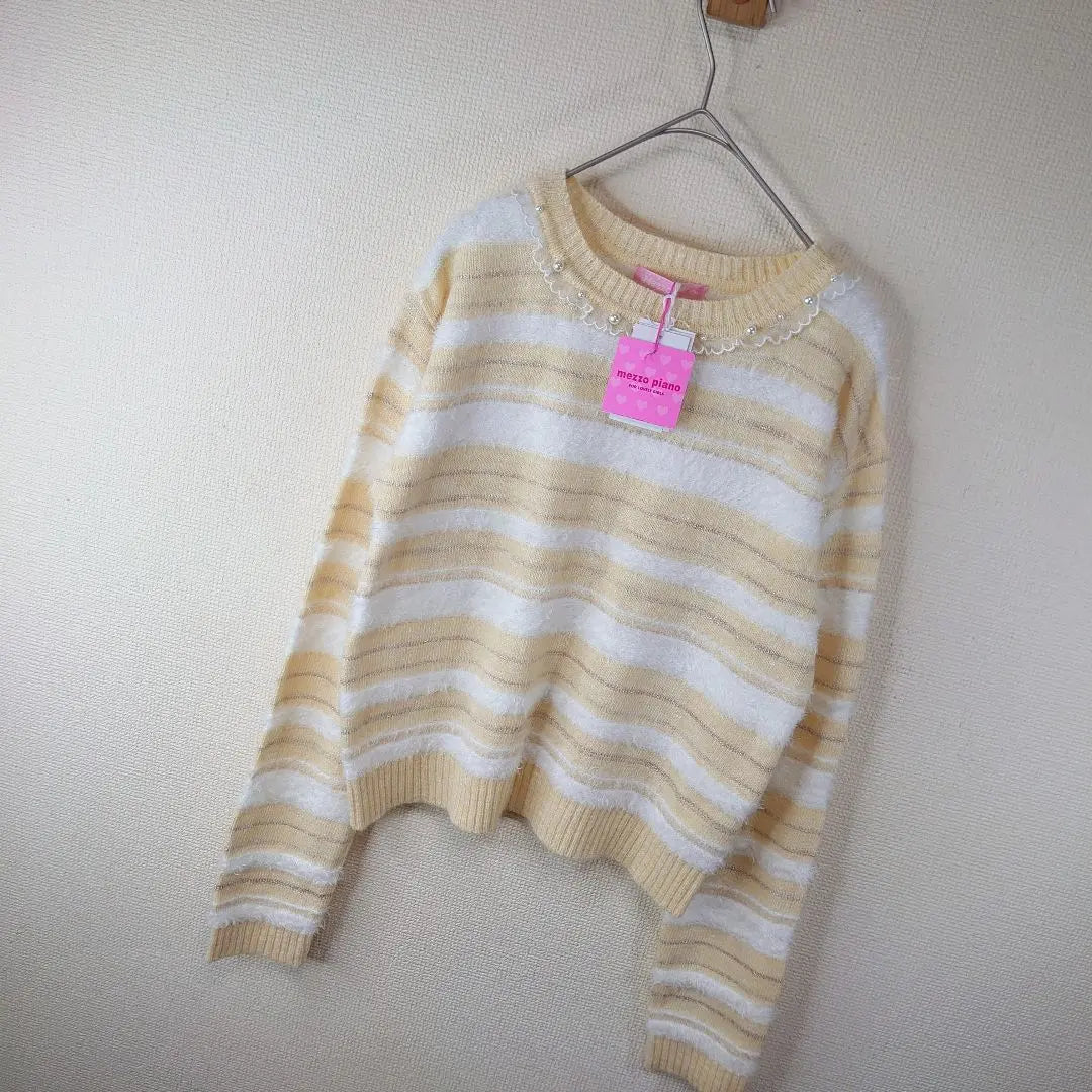 [New] Mezzo piano striped knit sweater L 160cm beige white