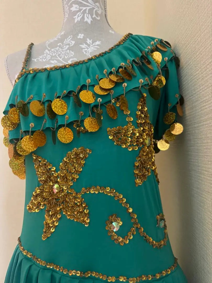 Vestido de espejo para disfraz de danza del vientre egipcia, verde y dorado, nuevo a estrenar, sin usar