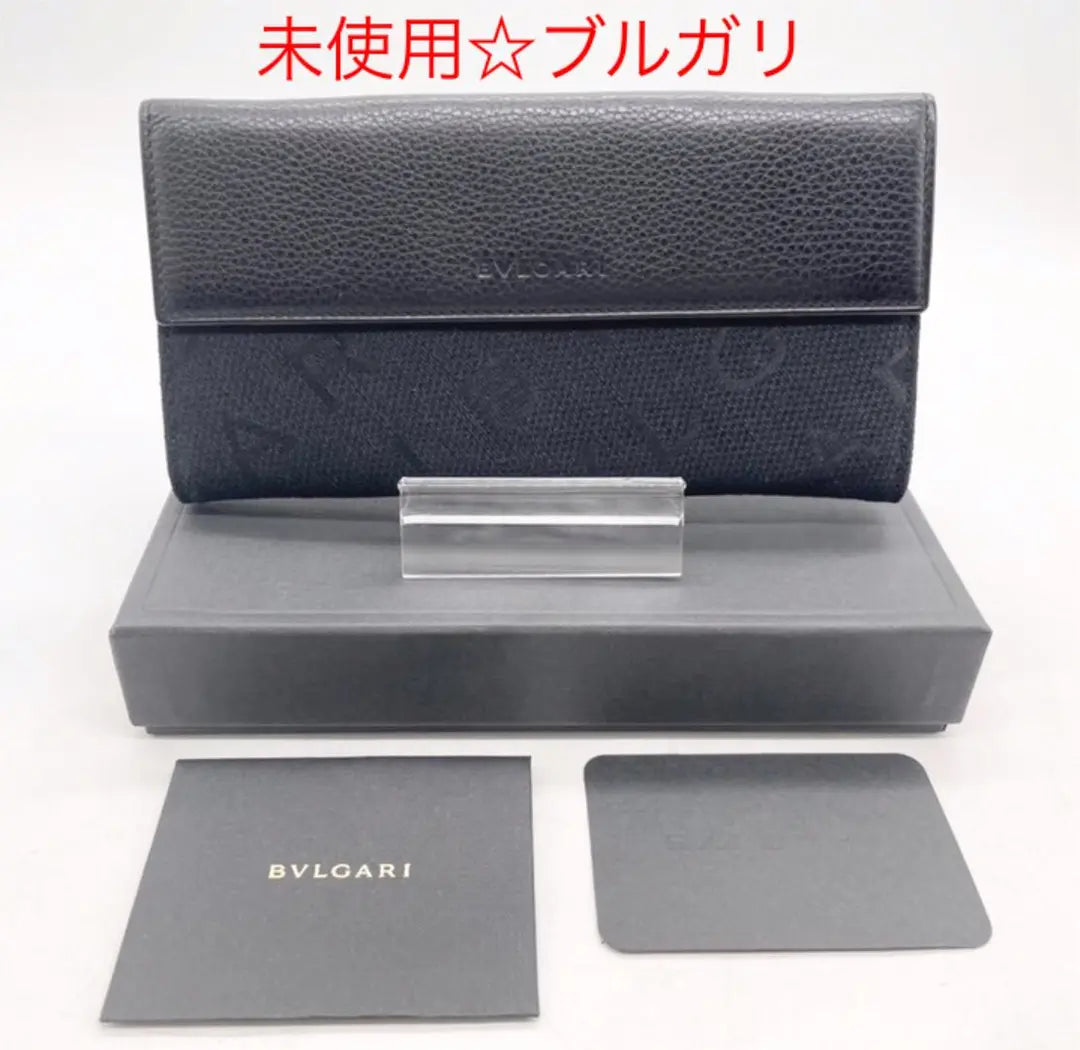 K385 Unused☆ Bvlgari long wallet black unisex leather & cloth fabric black