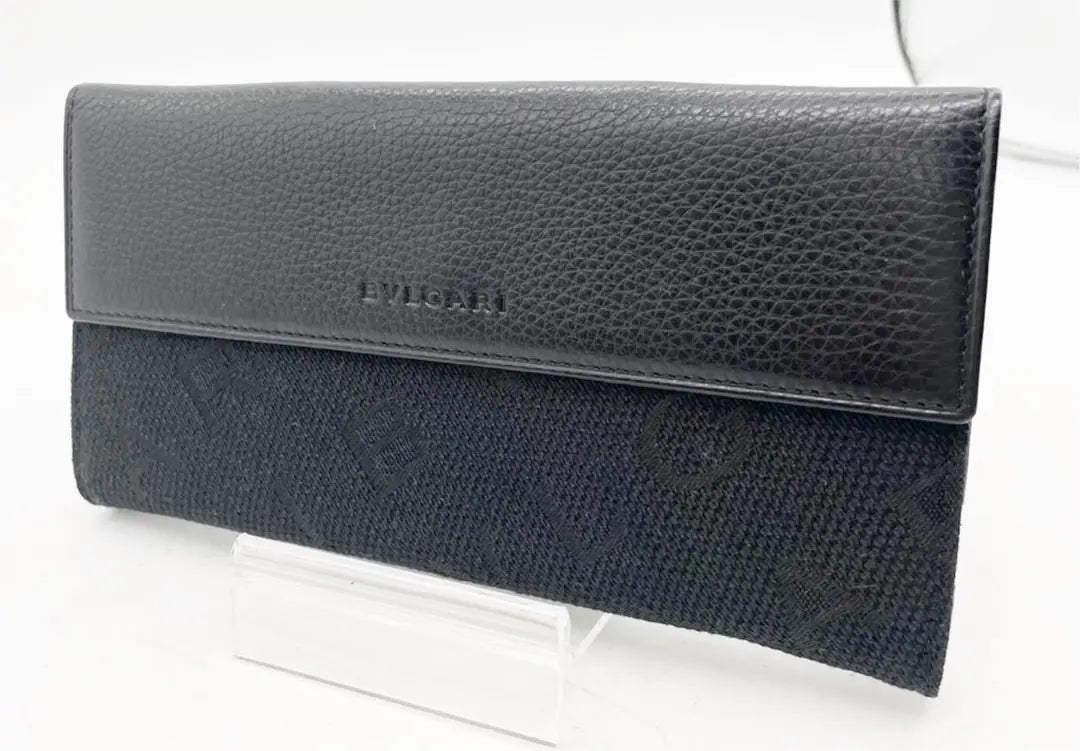 K385 Unused☆ Bvlgari long wallet black unisex leather & cloth fabric black