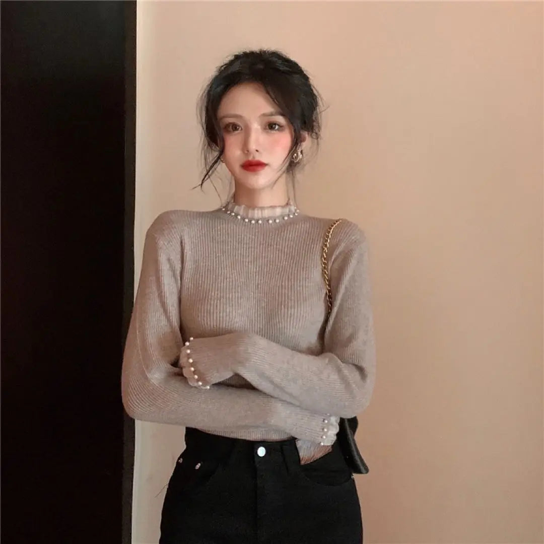 Korean Clothing Women's Knit Brown Long Sleeve Women's Tops High Neck