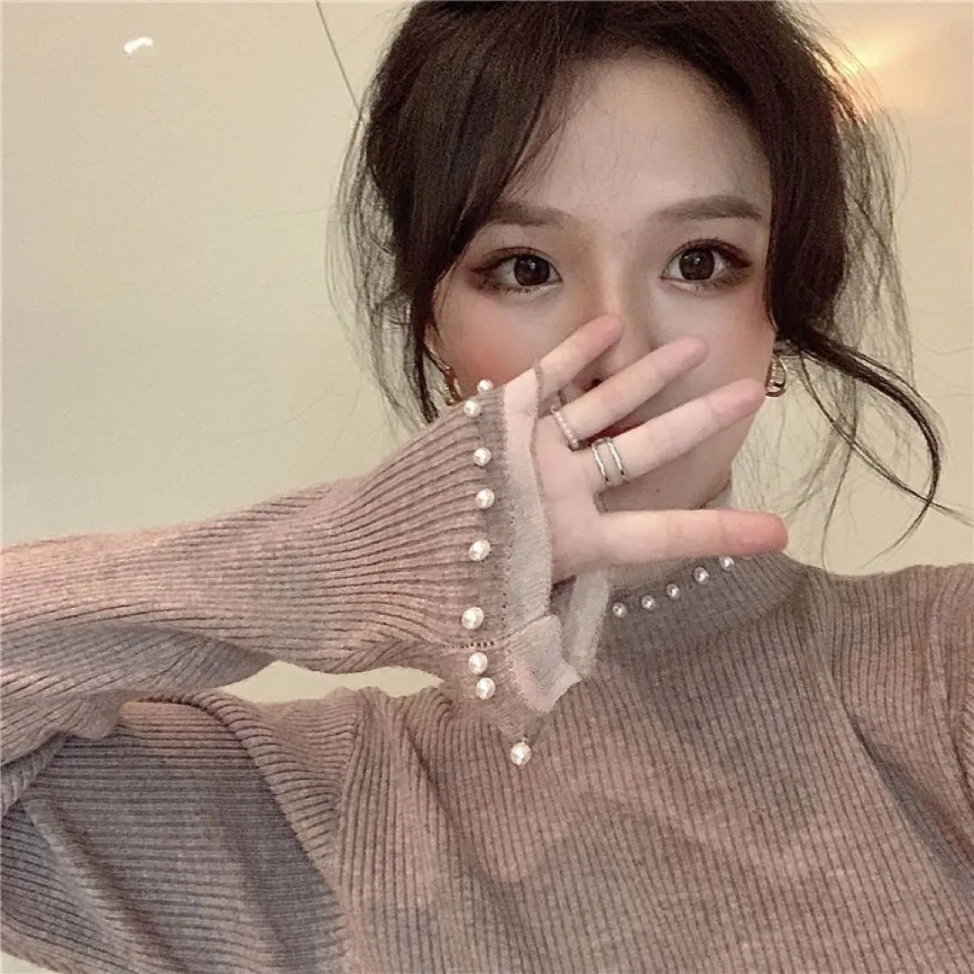 Korean Clothing Women's Knit Brown Long Sleeve Women's Tops High Neck