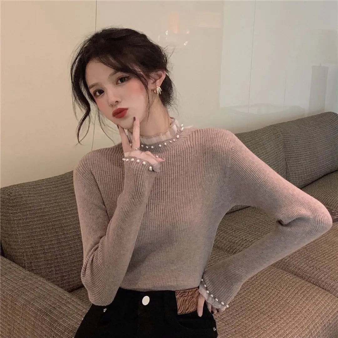 Korean Clothing Women's Knit Brown Long Sleeve Women's Tops High Neck