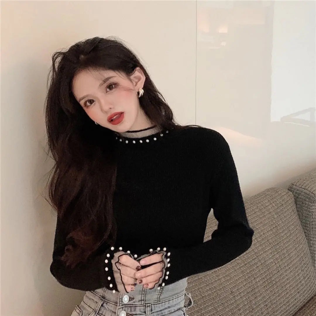 Korean Clothing Women's Knit Brown Long Sleeve Women's Tops High Neck