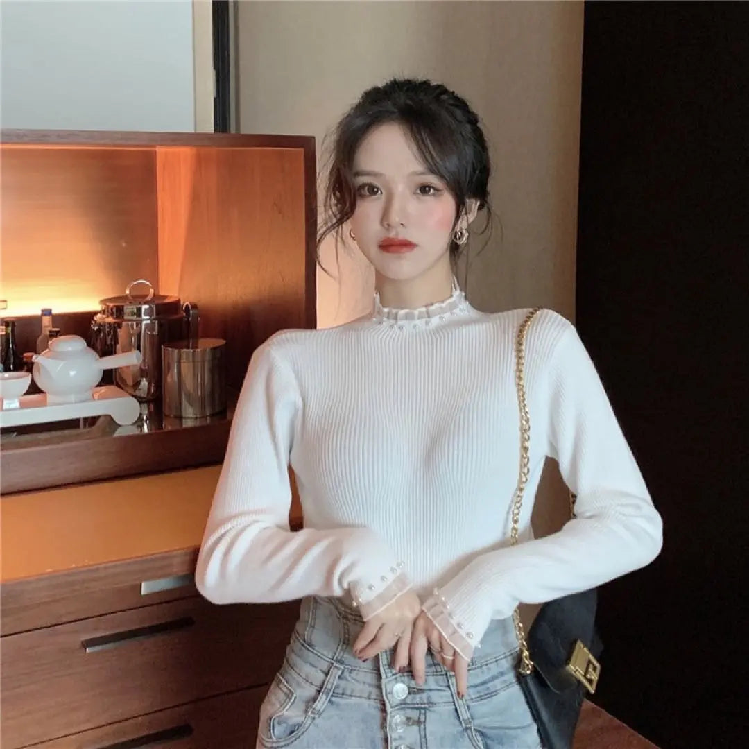 Korean Clothing Women's Knit Brown Long Sleeve Women's Tops High Neck