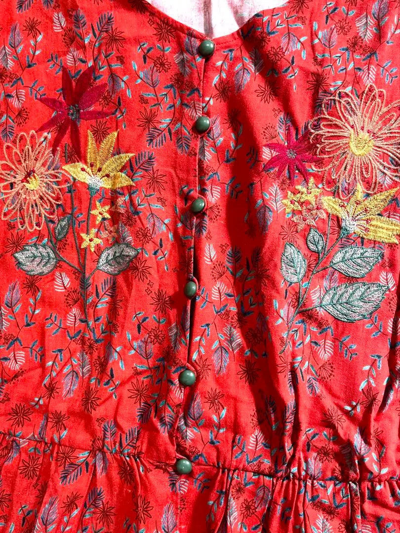 Hokomomora Red floral pattern Short sleeve long dress