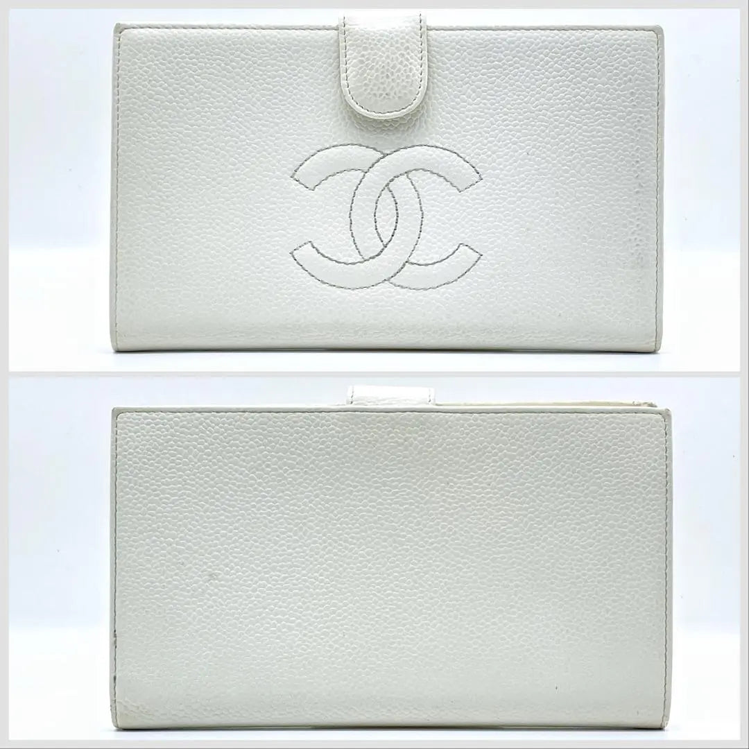 CHANEL Caviar Skin Leather Wallet White White