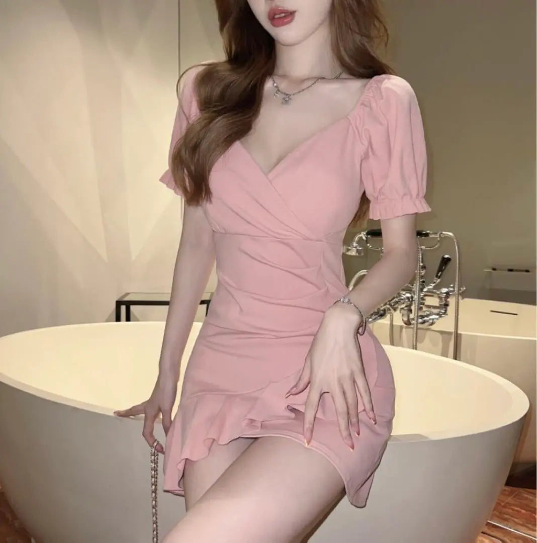 Dress Pink Korean Cabaret Dress Mini Dress M Beautiful Waist