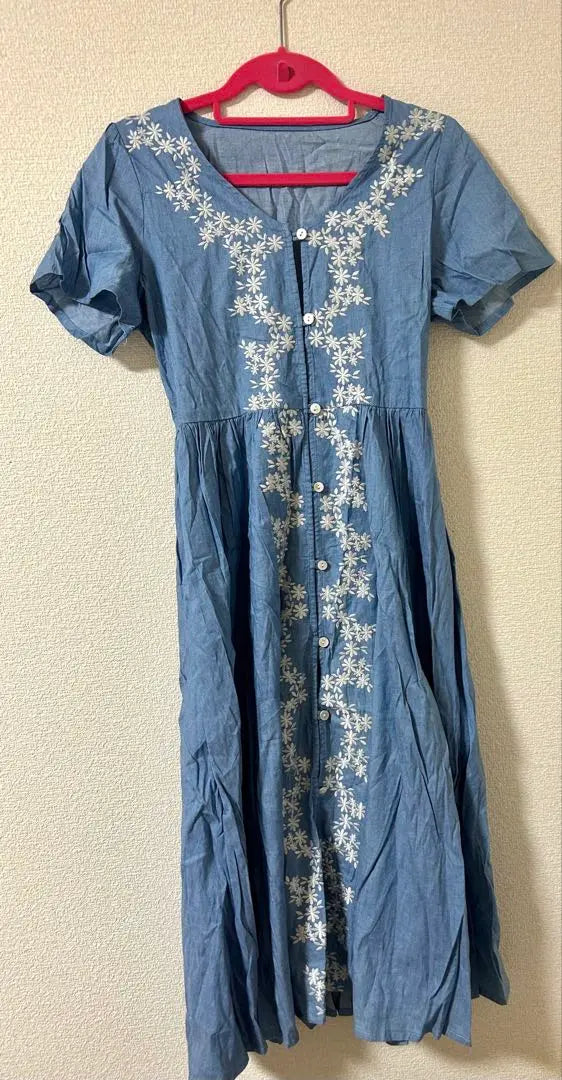 ParAvion Embroidered Denim Blue Short Sleeve Long Dress