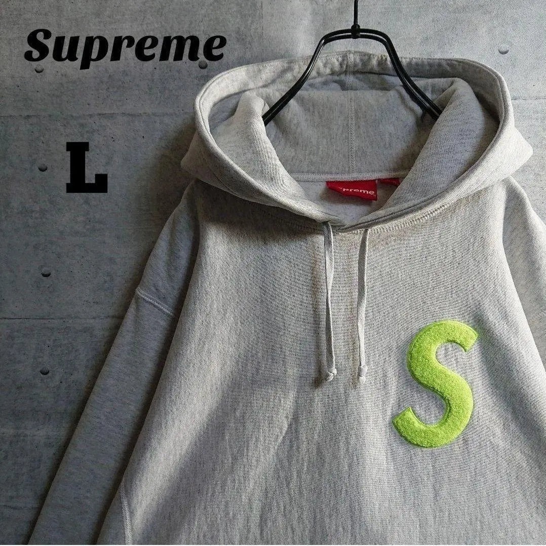 Supreme★S logo embroidered thick pullover hoodie marbled gray L