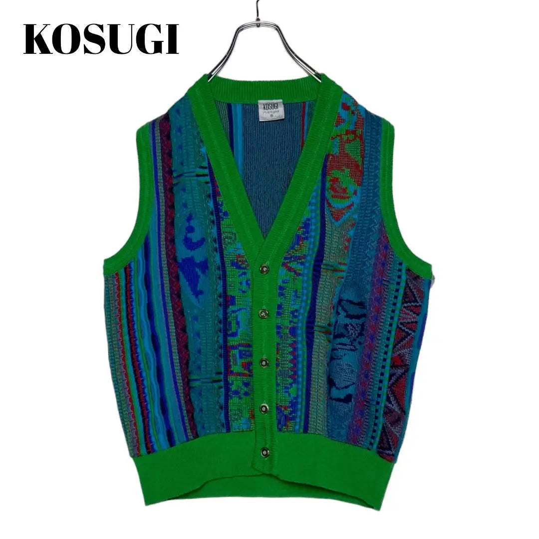 Retro vintage clothing, all-over pattern knit vest, Coozy style, green, M, acrylic sweater, beautiful