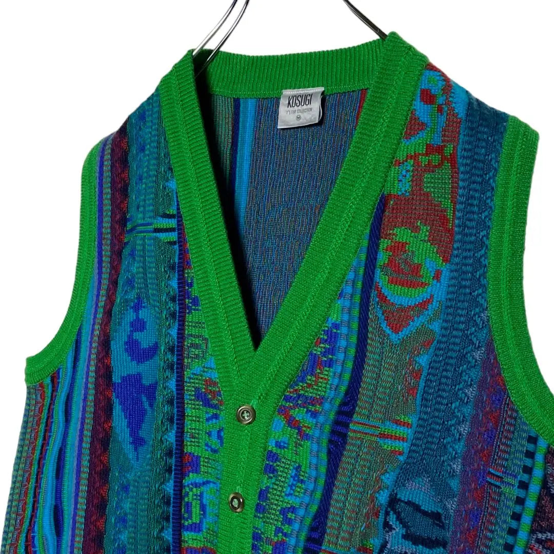 Retro vintage clothing, all-over pattern knit vest, Coozy style, green, M, acrylic sweater, beautiful