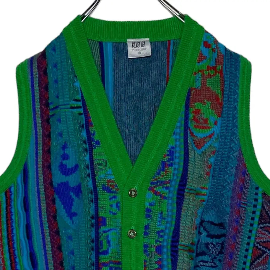 Retro vintage clothing, all-over pattern knit vest, Coozy style, green, M, acrylic sweater, beautiful