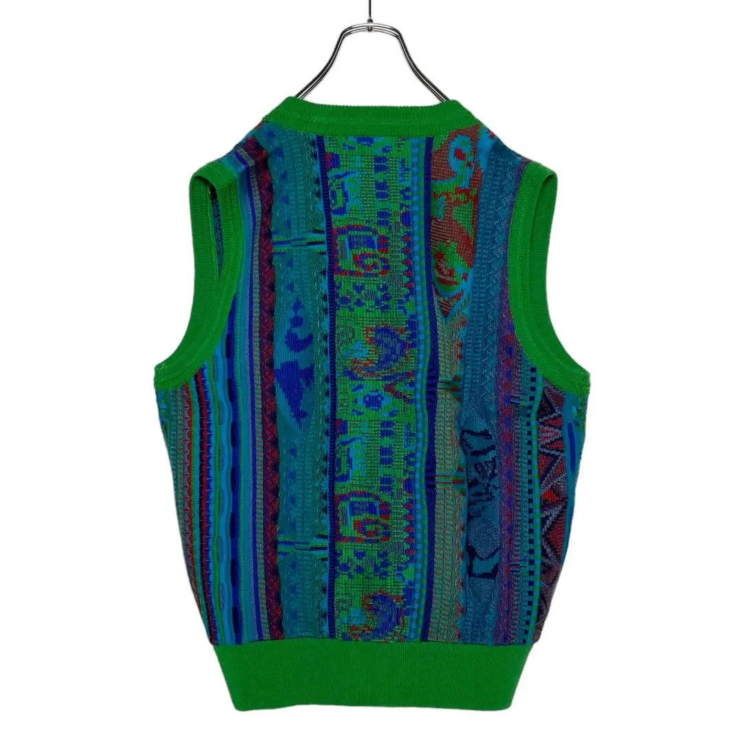 Retro vintage clothing, all-over pattern knit vest, Coozy style, green, M, acrylic sweater, beautiful