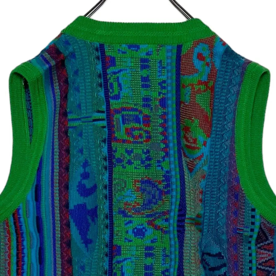 Retro vintage clothing, all-over pattern knit vest, Coozy style, green, M, acrylic sweater, beautiful