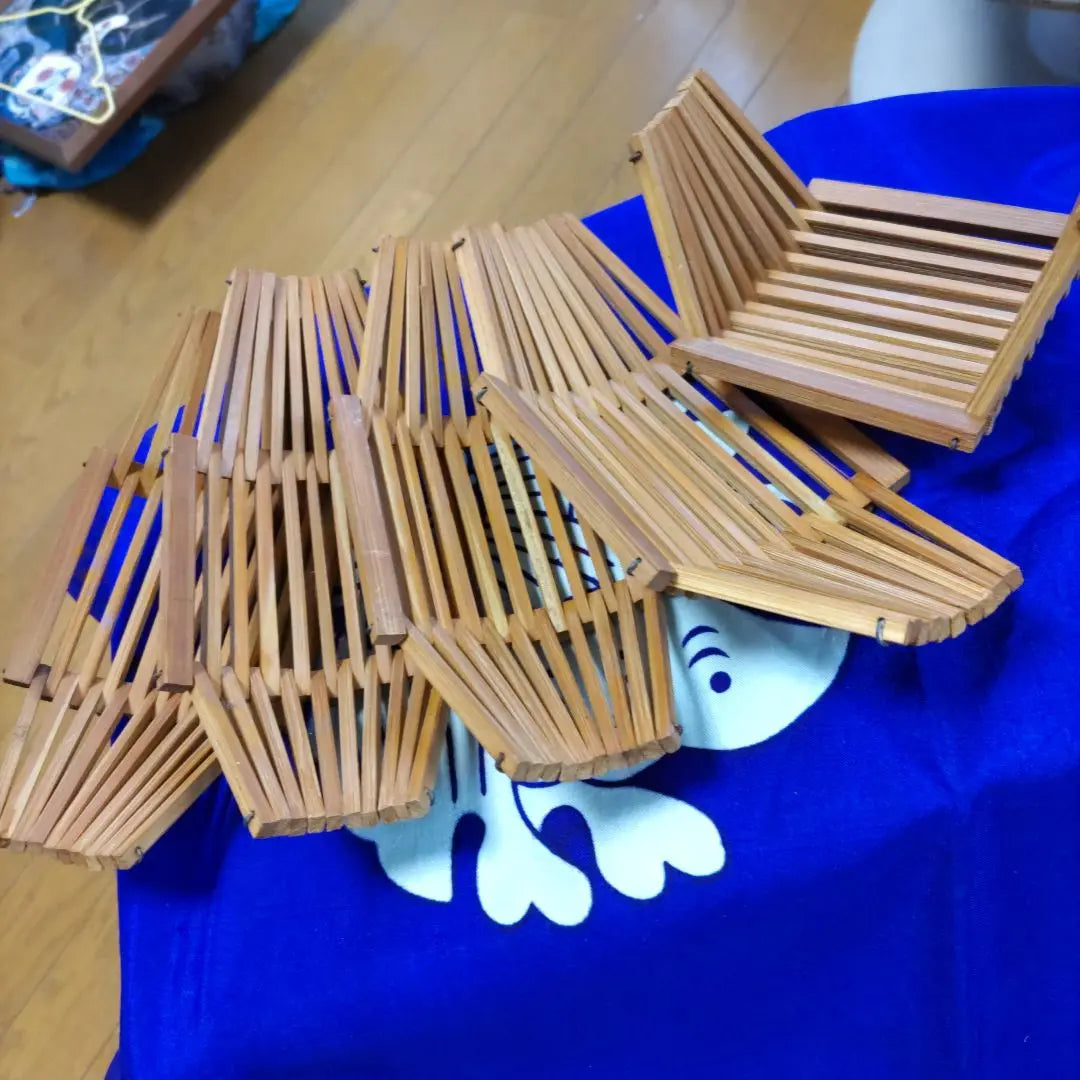 《Showa Retro, Bamboo Towel Stand》 (Set of 5) Bamboo work, light, serving plate 1211