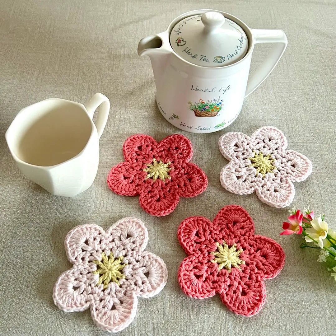 Posavasos tejido a mano en color ciruela y melocotón, aplique de guirnalda de taza de té, 4 piezas, hecho a mano