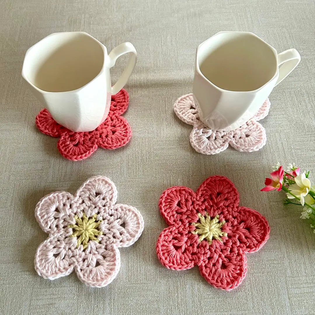 Posavasos tejido a mano en color ciruela y melocotón, aplique de guirnalda de taza de té, 4 piezas, hecho a mano