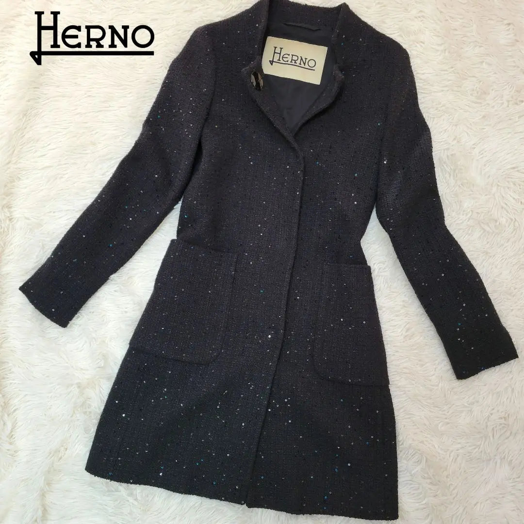 [Rare] HERNO✨Herno sequin linen blend/no collar coat black