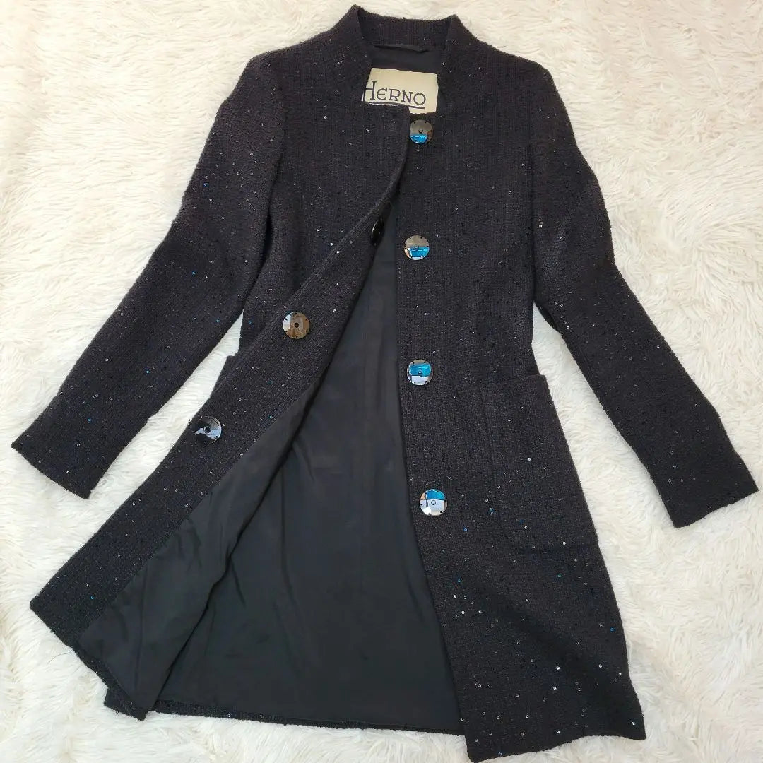 [Rare] HERNO✨Herno sequin linen blend/no collar coat black