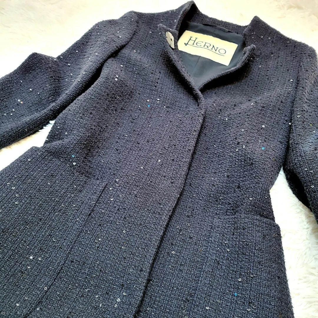 [Rare] HERNO✨Herno sequin linen blend/no collar coat black