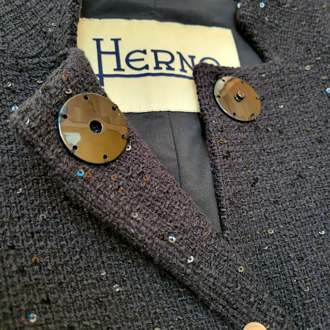 [Rare] HERNO✨Herno sequin linen blend/no collar coat black