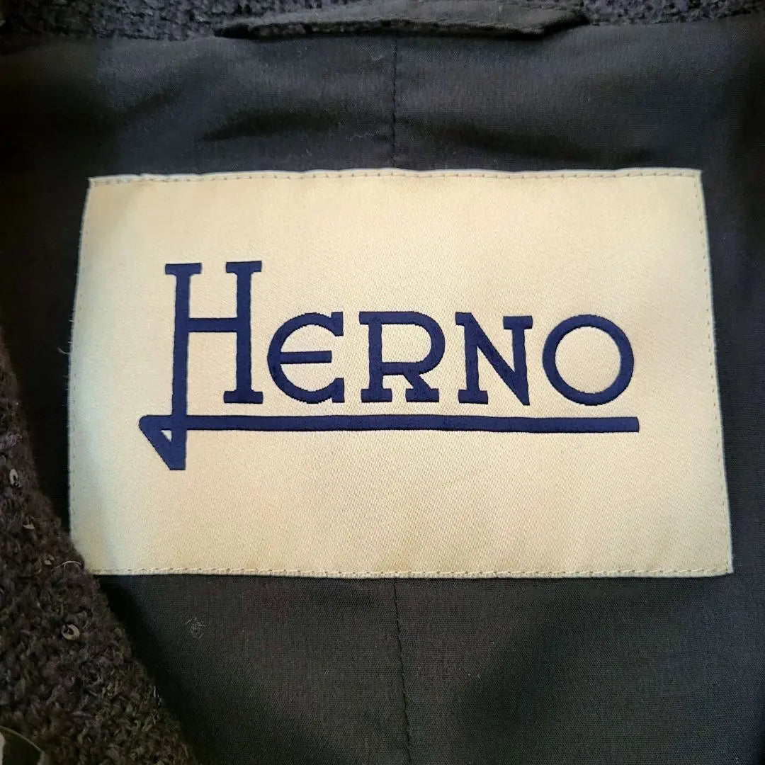 [Rare] HERNO✨Herno sequin linen blend/no collar coat black