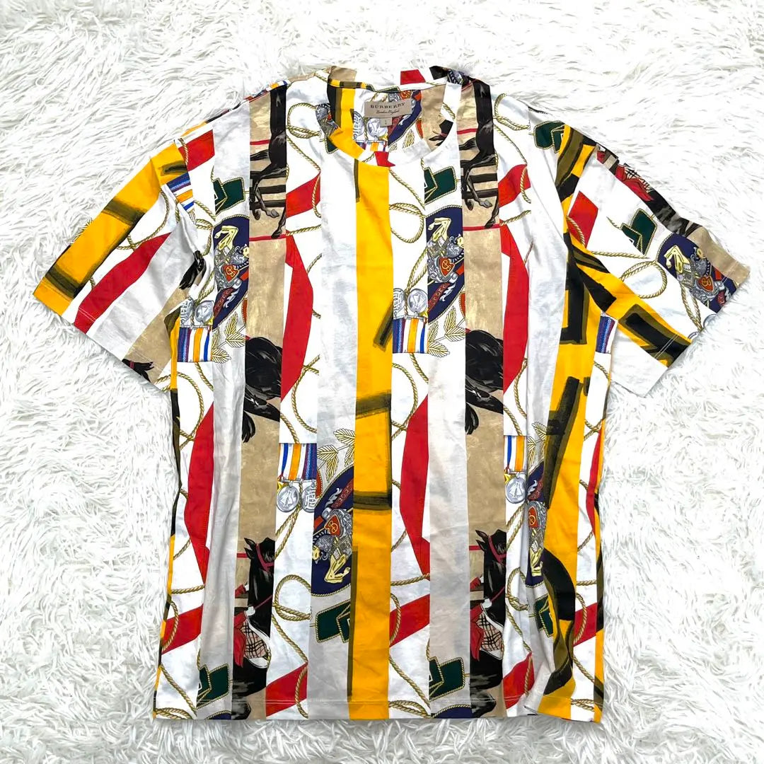 [Good condition] Burberry T-shirt, all-over pattern, logo, striped, men's size L