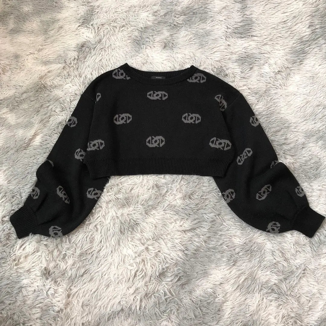 Beautiful condition Emoda All-over pattern crew neck cropped knit balloon sleeve sweater black F