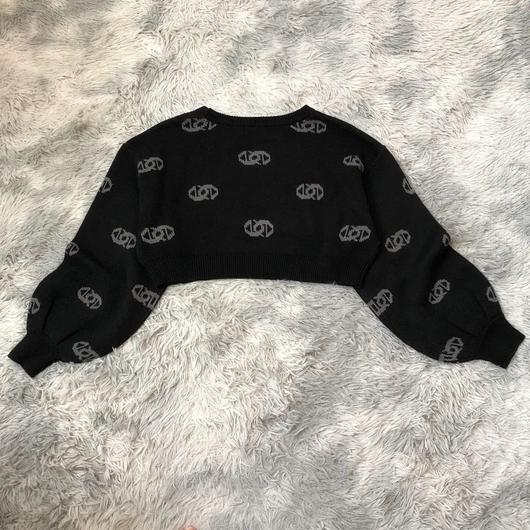 Beautiful condition Emoda All-over pattern crew neck cropped knit balloon sleeve sweater black F