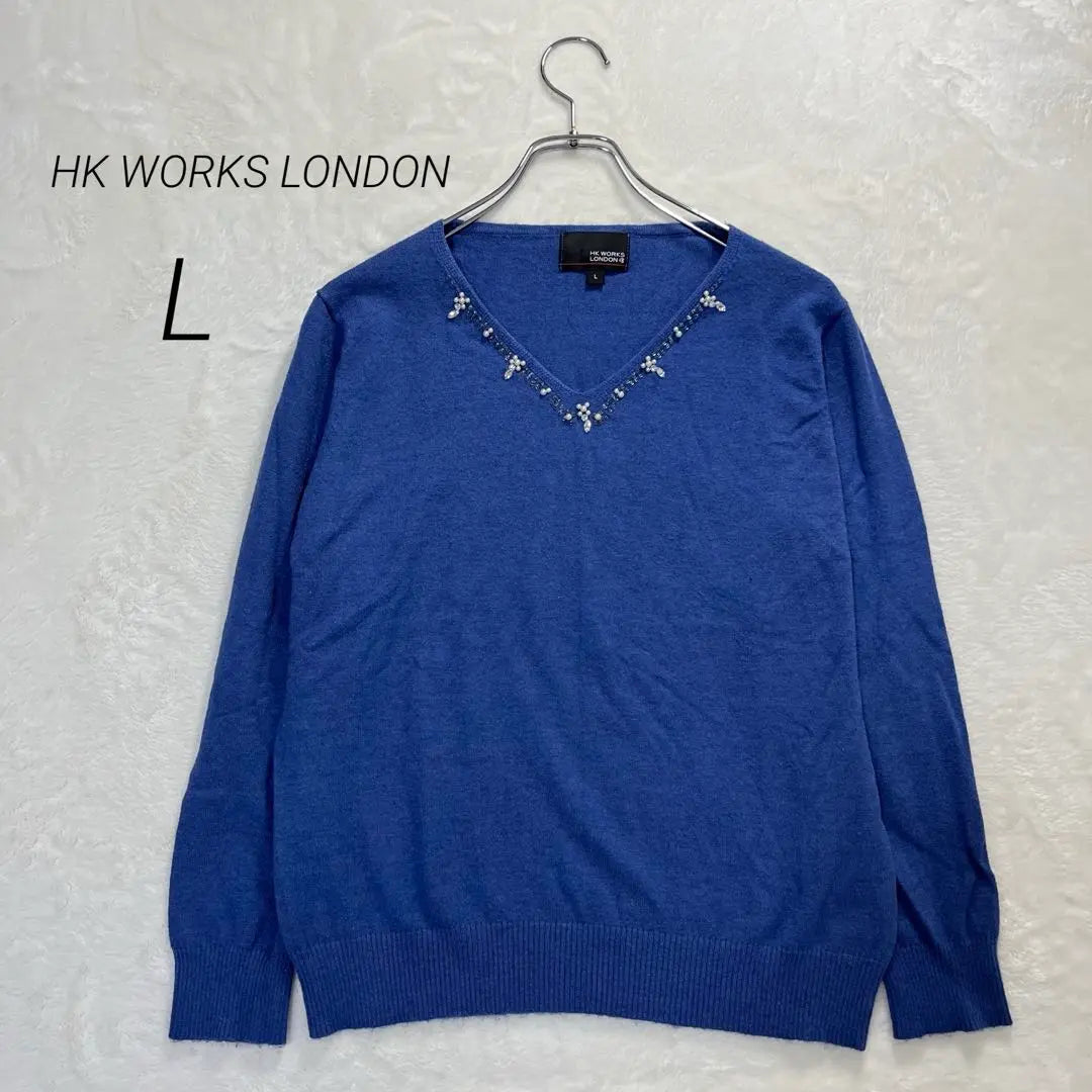 《HK WORKS LONDON》Long-sleeved knit with bejoux, blue, large size L