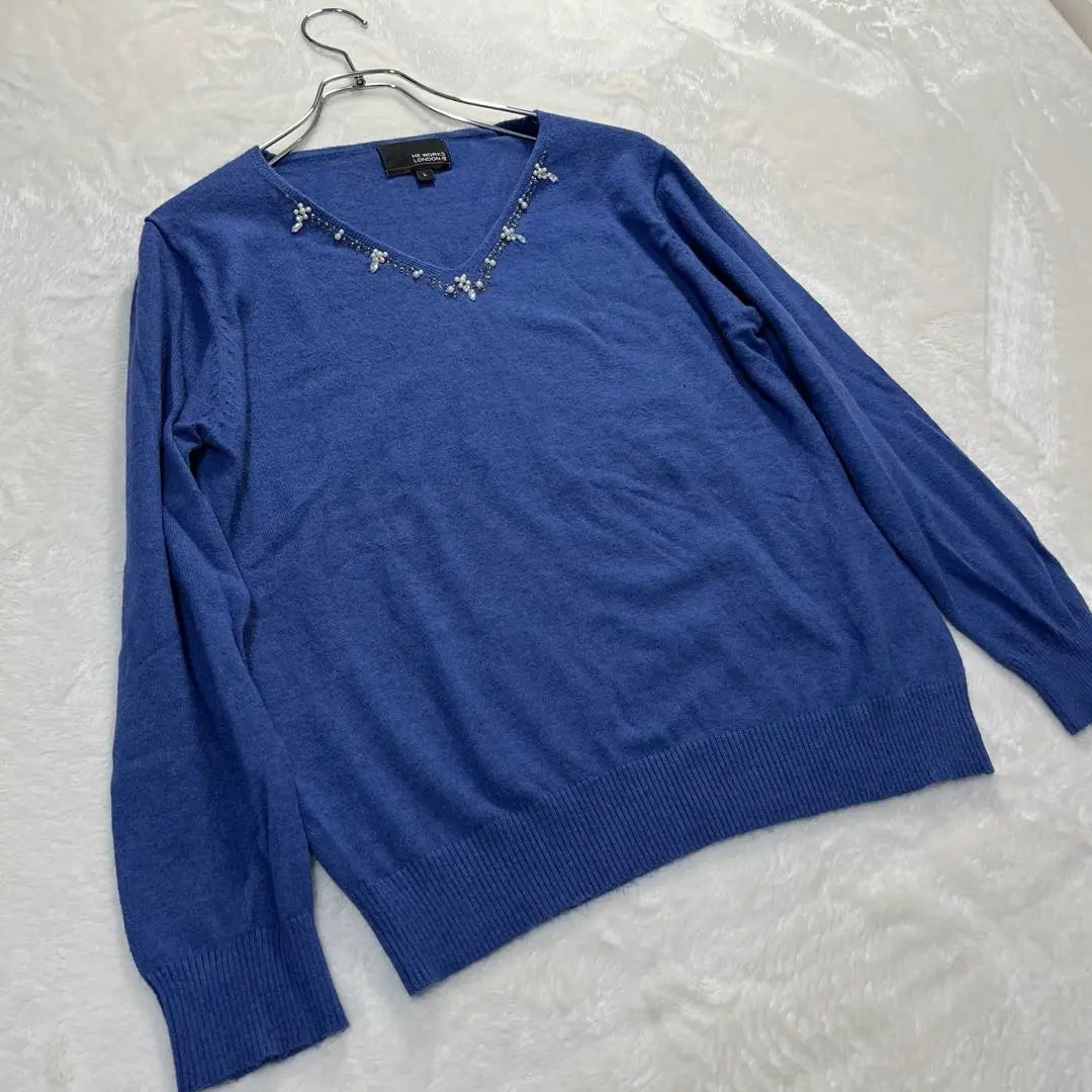 《HK WORKS LONDON》Long-sleeved knit with bejoux, blue, large size L