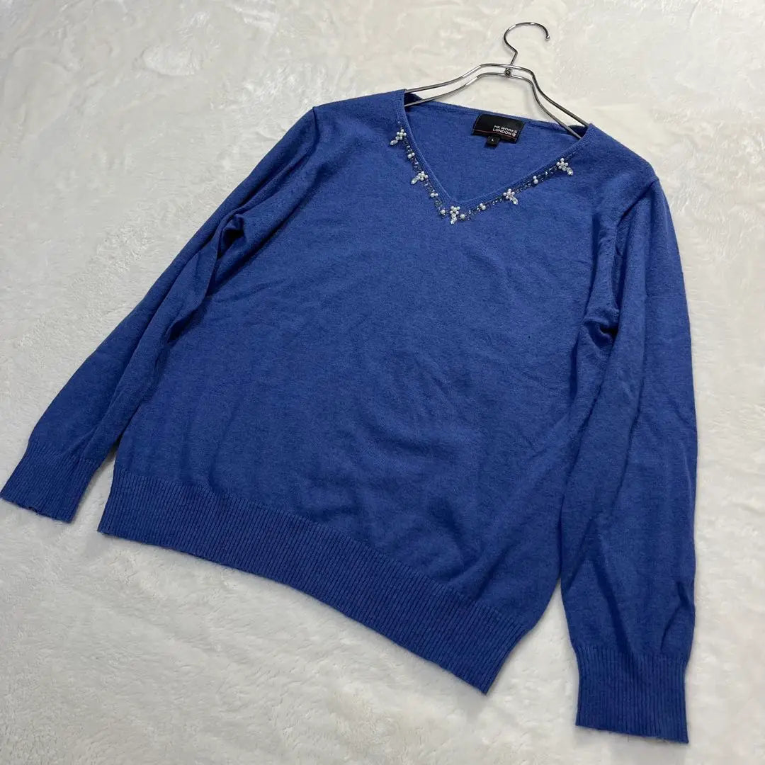 《HK WORKS LONDON》Long-sleeved knit with bejoux, blue, large size L