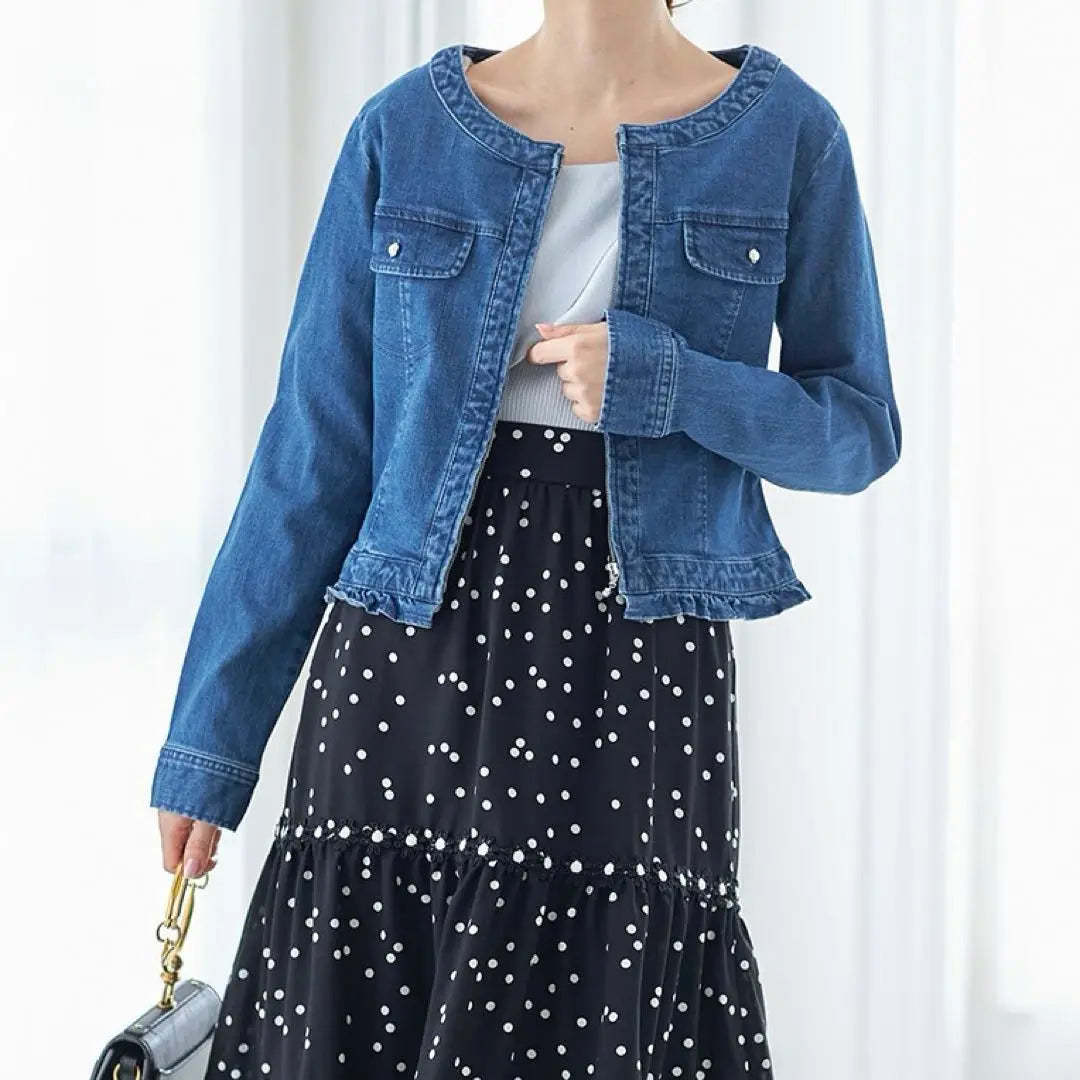 Denim jacket, ruffles, pearls, tops, outerwear, cute, beautiful, denim