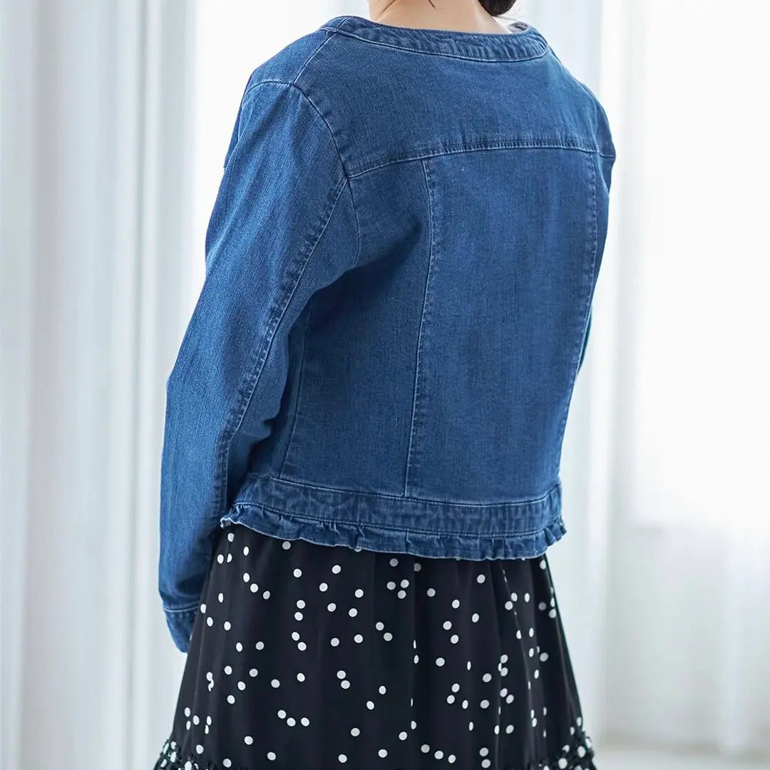 Denim jacket, ruffles, pearls, tops, outerwear, cute, beautiful, denim