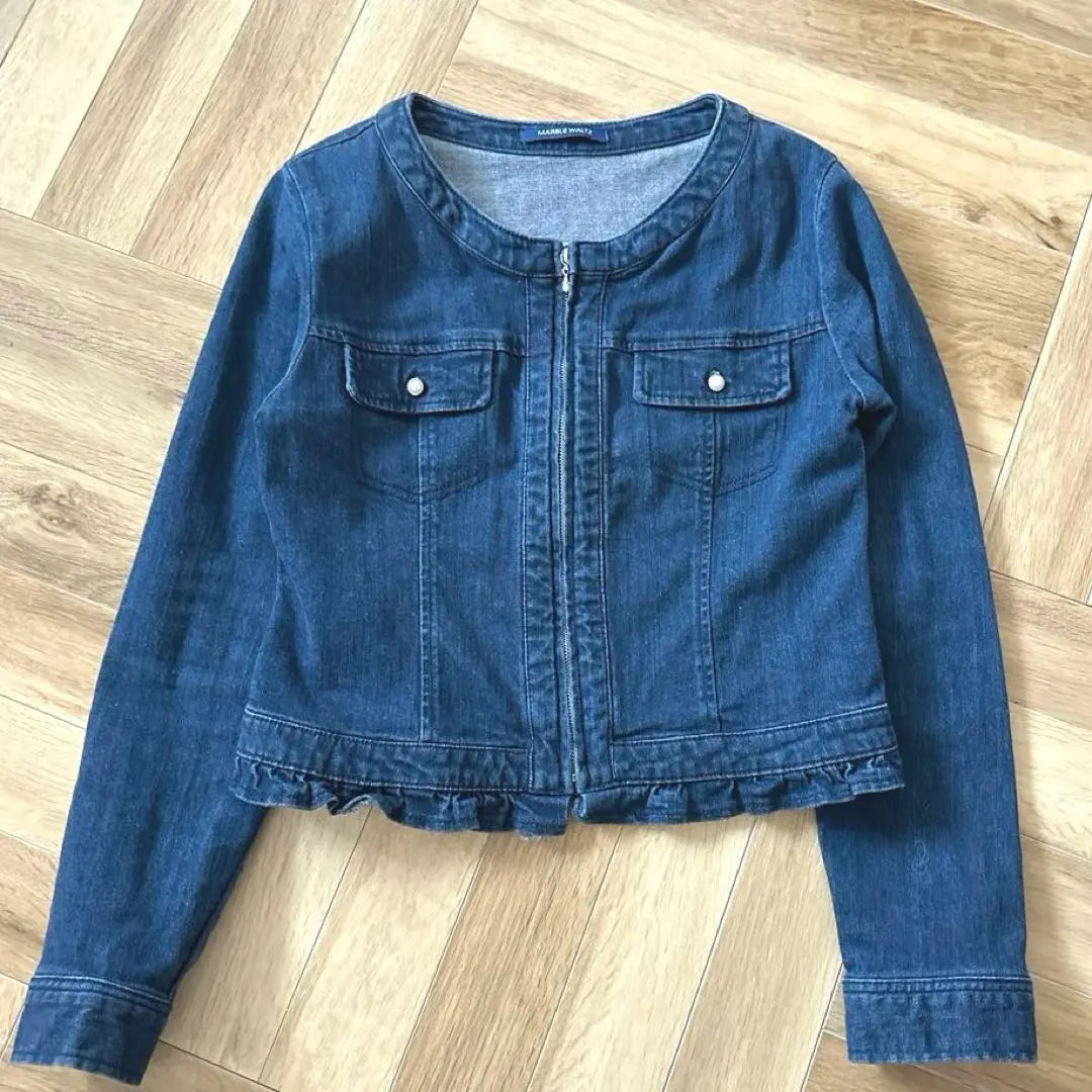 Denim jacket, ruffles, pearls, tops, outerwear, cute, beautiful, denim