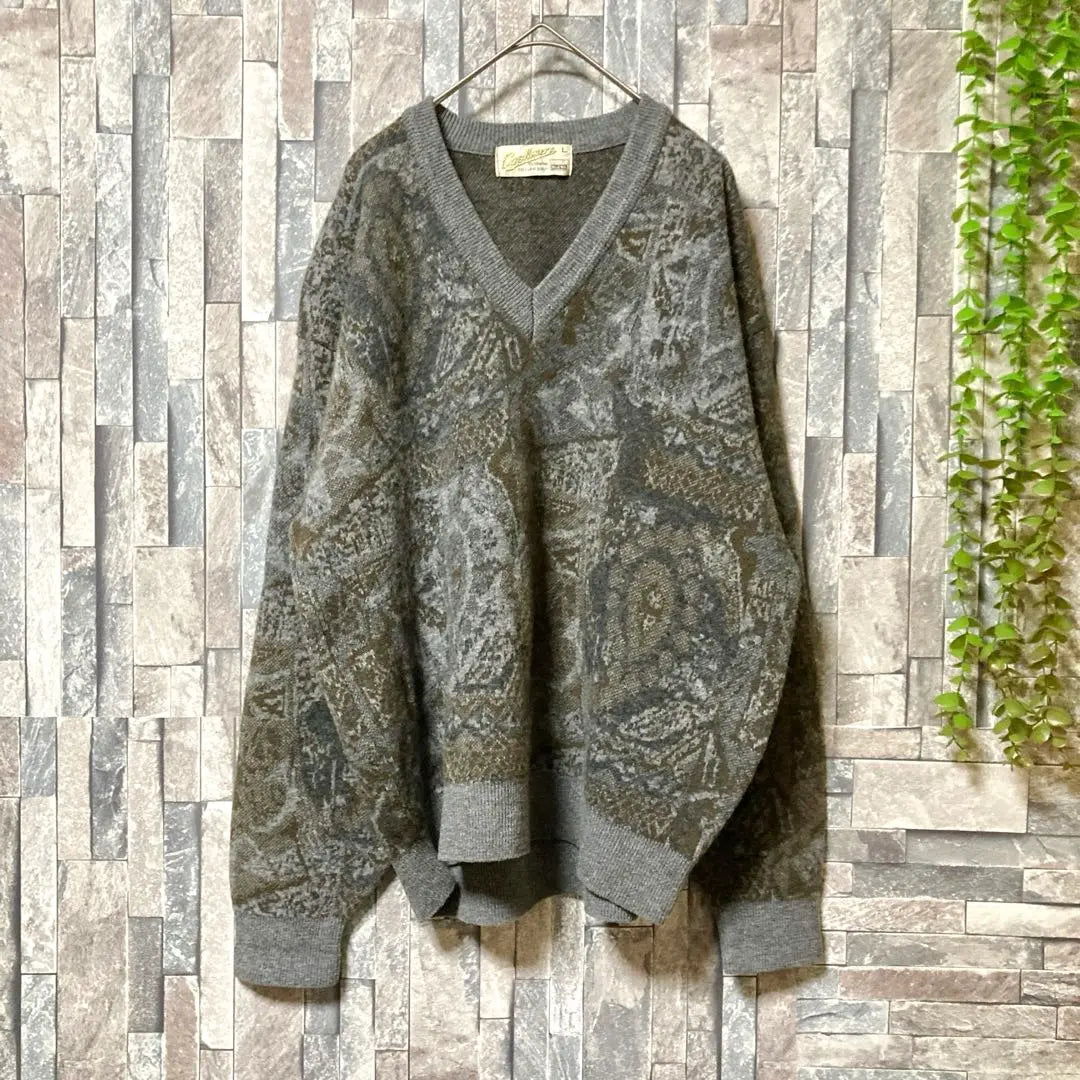 Beautiful condition★[Vintage] 75% cashmere long sleeve sweater, all-over pattern, V-neck (L)