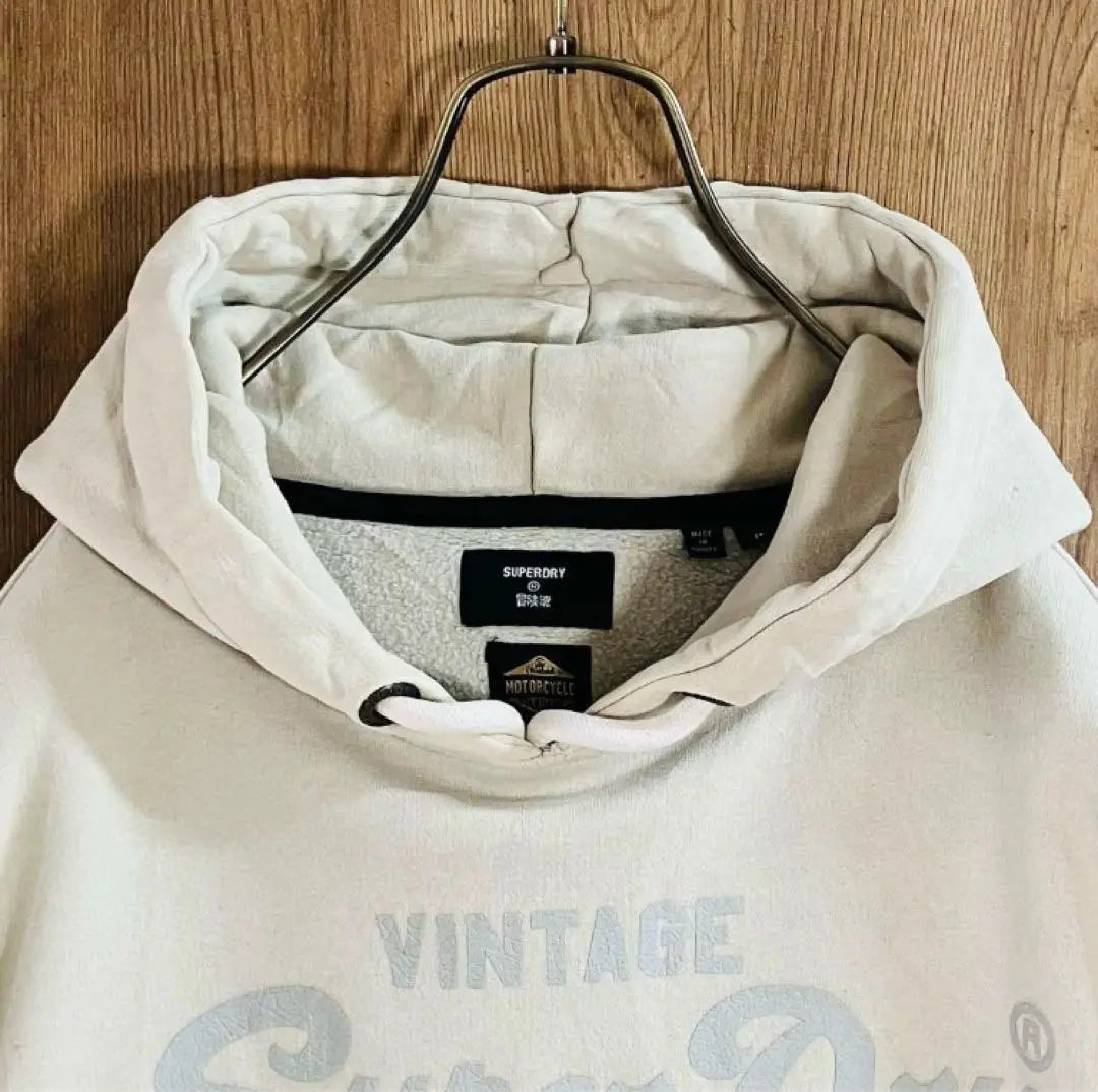 Vintage Funny Hoodie Printed Logo Pullover Beige M I2