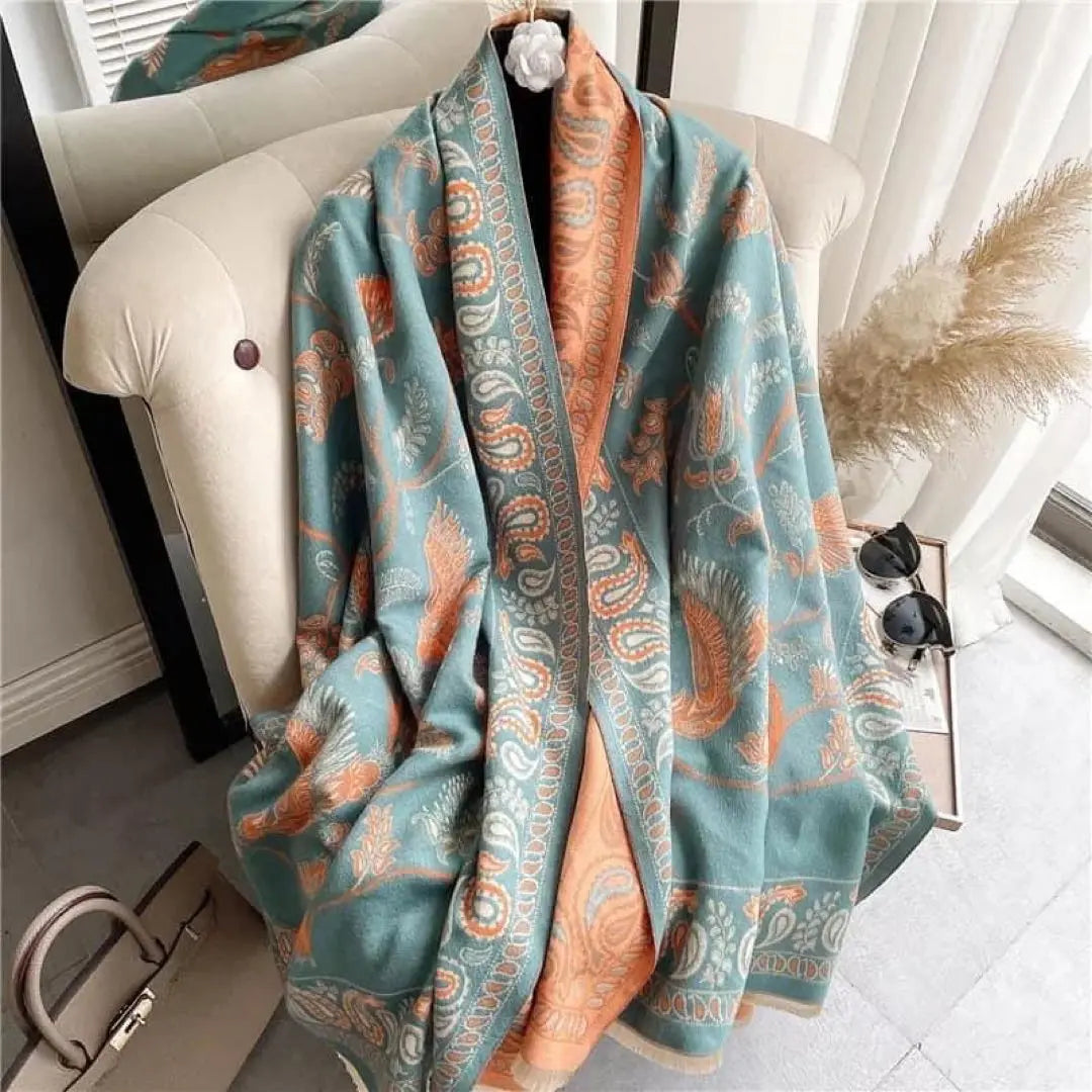 ❣️SALE❣️ Paisley pattern stall cold knee shoulder muffler dull blue