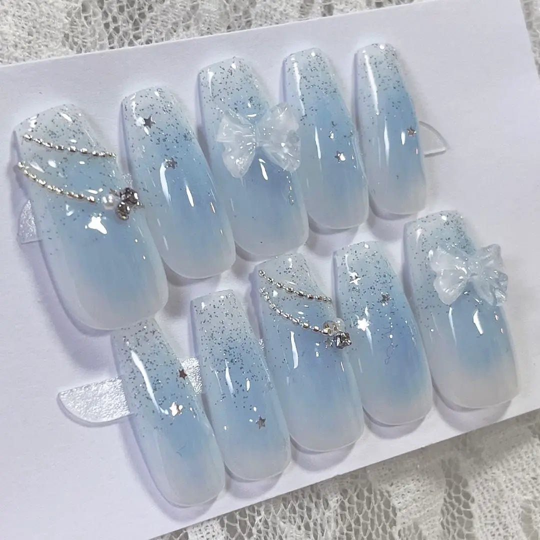 [Nail Tip Order] Cheek Color Changeable Chain Silver Flash Glitter Blue