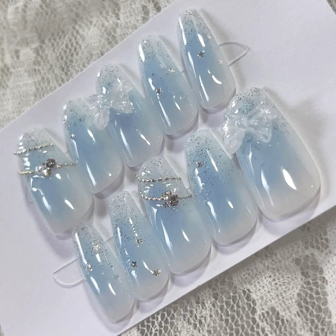 [Nail Tip Order] Cheek Color Changeable Chain Silver Flash Glitter Blue