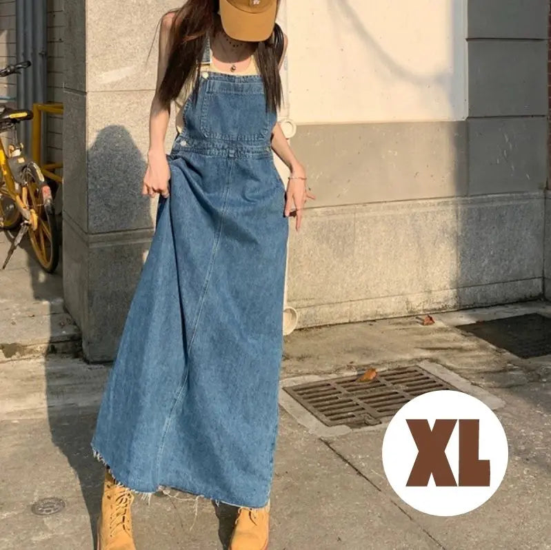 [Very popular] 1119 Denim jumper skirt XL long overalls