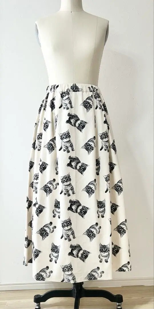 Cat pattern natural x grey tucked maxi length long skirt L cat cat