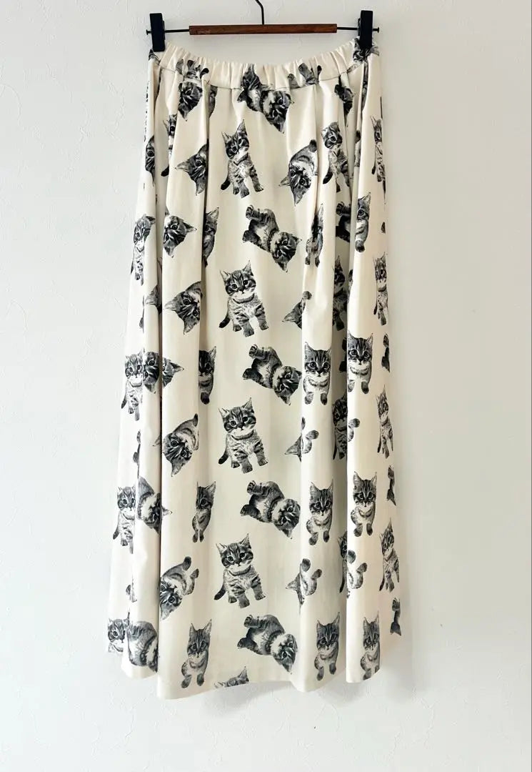 Cat pattern natural x grey tucked maxi length long skirt L cat cat