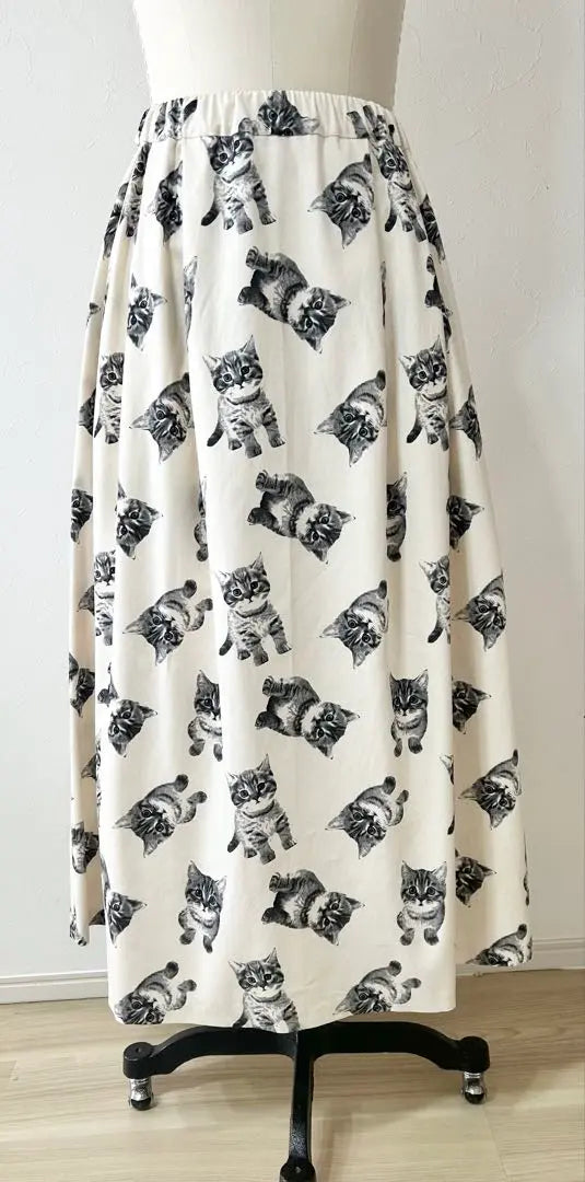 Cat pattern natural x grey tucked maxi length long skirt L cat cat